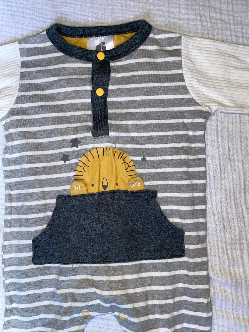 Grey & White Striped Lion Pocket Footie - Yellow Accent
